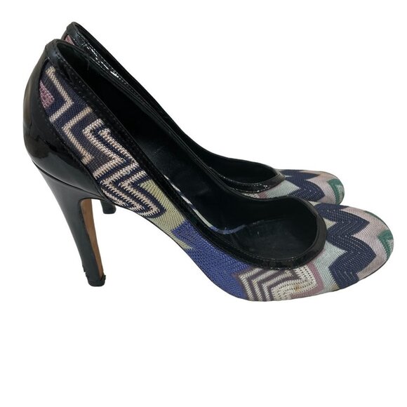 Missoni Designer Pumps Sz 39 Leather Chevron Print Round Toe Heels Multicolor - Picture 5 of 13